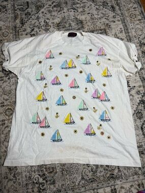 vintage white P.G.B. sailboat-print t-shirt from the 1980s or 1990s